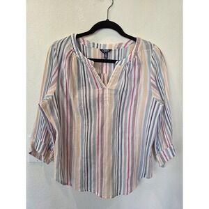 Chaps Lightweight Striped Blouse Sz S White Pink Blue 100% Cotton Quiet Luxury